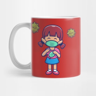 Cute Girl Hold And Wear Mask Cartoon Mug